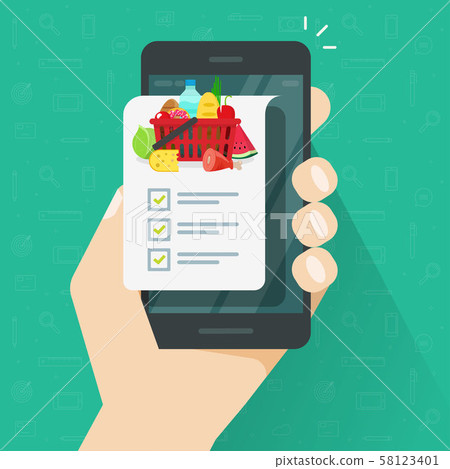 Grocery shopping list app on cellphone or smartphone vector illustration, flat cartoon person 58123401