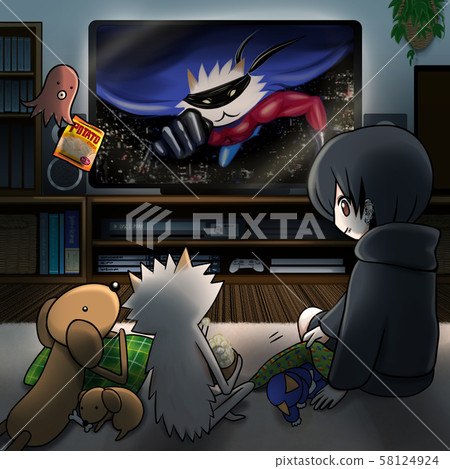 Illustration of a family watching an action movie on a big screen TV 58124924
