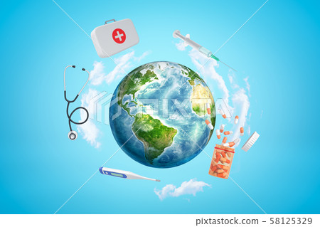 3d rendering of colored earth globe with first aid medical box, pills jar, syringe, stethoscope and 3d rendering of colored earth globe with first aid medical box, pills jar, syringe, stethoscope and 58125329