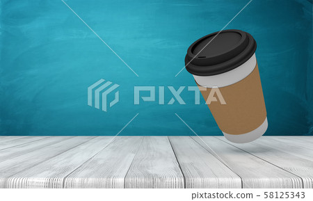 3d rendering of paper coffee cup on white wooden floor and dark turquoise background 3d rendering of paper coffee cup on white wooden floor and dark turquoise background 58125343