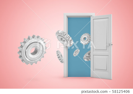 3d rendering of set of big metal gear wheels flying out from open door on pink gradient copyspace 3d rendering of set of big metal gear wheels flying out from open door on pink gradient copyspace 58125406