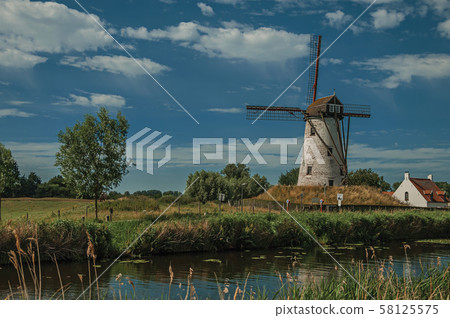 Old windmill next to canal with bushes and grove near Damme Old windmill next to canal with bushes and grove near Damme 58125575