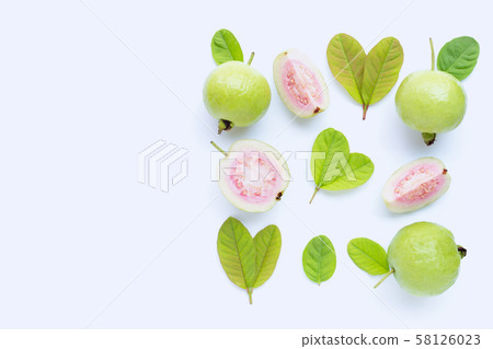 Top view of fresh ripe guava and slices with 58126023