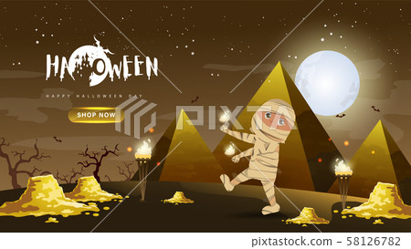 Little Cute Mummy with gold and pyramid on Dark night background.Banner of Happy Halloween Day. Creative and Modern design in EPS10 Vector Illustration. Little Cute Mummy with gold and pyramid on Dark night background.Banner of Happy Halloween Day. Creative and Modern design in EPS10 Vector Illustration. 58126782