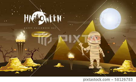 Little Cute Mummy with gold and pyramid on Dark night background.Banner of Happy Halloween Day. Creative and Modern design in EPS10 Vector Illustration. Little Cute Mummy with gold and pyramid on Dark night background.Banner of Happy Halloween Day. Creative and Modern design in EPS10 Vector Illustration. 58126783