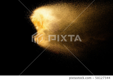 Brown dry river sand explosion isolated on black background. Abstract sand splash. Brown dry river sand explosion isolated on black background. Abstract sand splash. 58127344