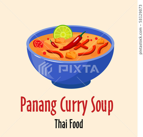 panang curry thai soup icon, spicy tasty dish in colorful bowl isolated vector illustration. 58129873