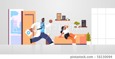 male doctor with first aid kit running to help woman patient medicine healthcare ambulance concept 58130094