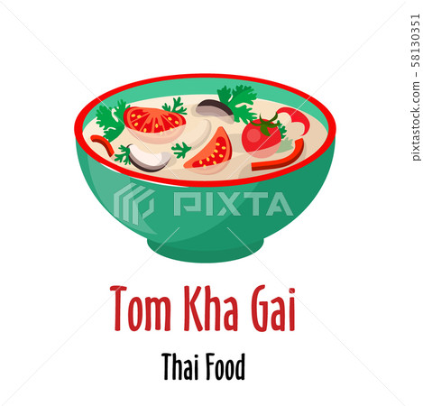 Tom kha gai thai soup icon, spicy tasty dish in colorful bowl isolated vector illustration. Tom kha gai thai soup icon, spicy tasty dish in colorful bowl isolated vector illustration. 58130351