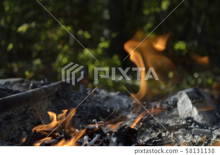 Bonfire, coal and stones in the forest. 58131138