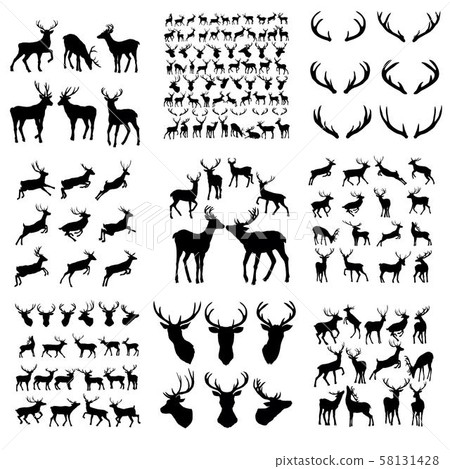 Set of deer. Black silhouette deer isolated on white. Hand drawn vector illustration. deer jump Set of deer. Black silhouette deer isolated on white. Hand drawn vector illustration. deer jump 58131428