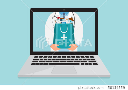 Online pharmacy. doctor with medicine bag inside Online pharmacy. doctor with medicine bag inside 58134559