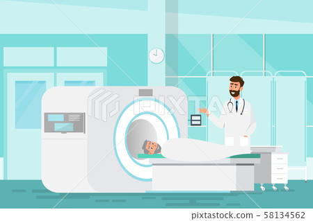 doctor standing and man lying down for x-ray with 58134562