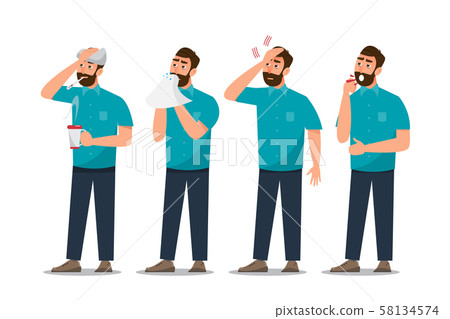 Set of sick people feeling unwell, having cold, 58134574