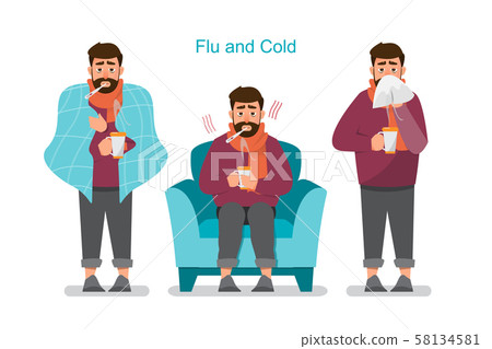 Set of sick people feeling unwell, having cold, Set of sick people feeling unwell, having cold, 58134581