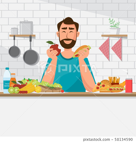 Man is eating healthy food and junk food 58134590