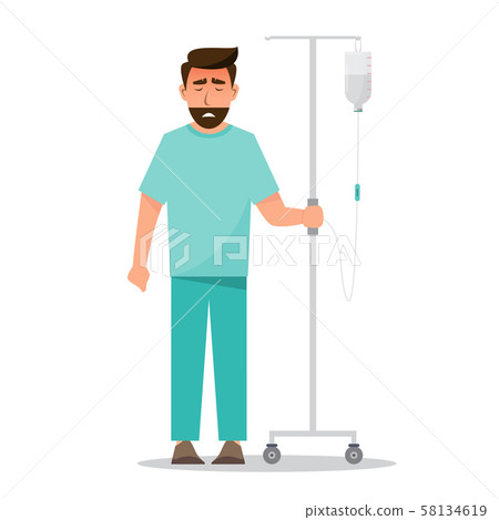 sick man holding saline bag in hospital 58134619