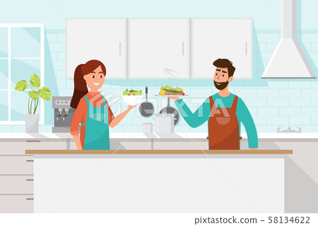 Husband and wife cooking together. Man and woman Husband and wife cooking together. Man and woman 58134622