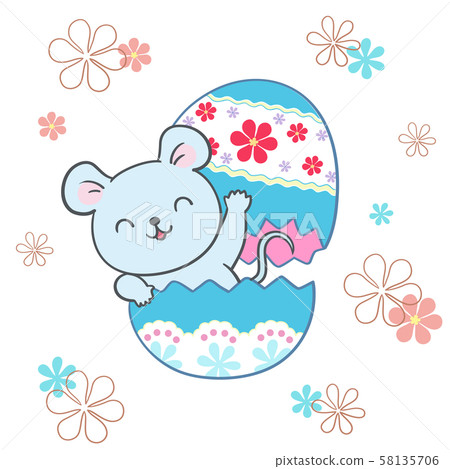 The eggshell ruptured and a little mouse came out to greet the Easter egg The eggshell ruptured and a little mouse came out to greet the Easter egg 58135706