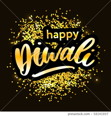 Happy Diwali. Handwritten brush black text, gold 58141937