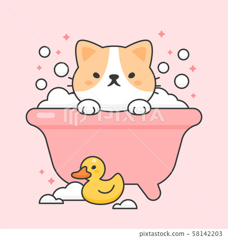 Cute cat in a bathtub and duck rubber 58142203