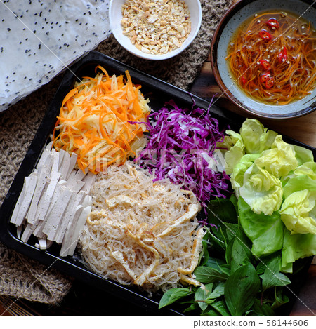 Top view ingredient food for fresh vegan rice paper rolls Top view ingredient food for fresh vegan rice paper rolls 58144606