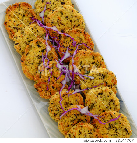 rectangle plate of Vietnamese vegan food, green bean pies 58144707