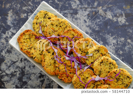 rectangle plate of Vietnamese vegan food, green bean pies 58144710