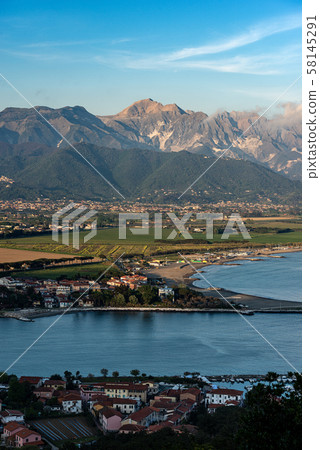 Versilia coast Apuan Alps and Bocca di Magra village - Italy 58145291