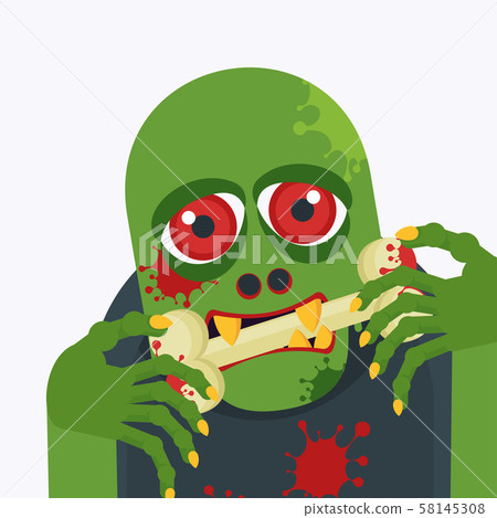 Green zombie greedily swallows a bloody bone. 58145308
