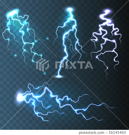 Realistic lightning collection on blue transparent background. Thunderstorm and lightning bolt Realistic lightning collection on blue transparent background. Thunderstorm and lightning bolt 58145403