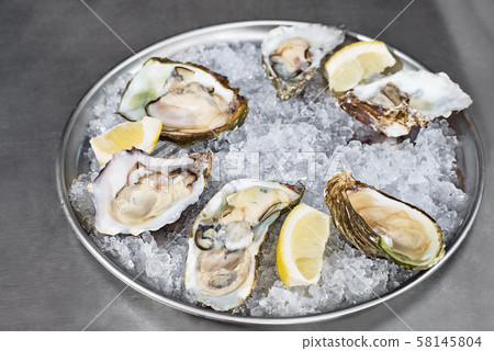 Tray of opened fresh oysters on half shell on ice Tray of opened fresh oysters on half shell on ice 58145804