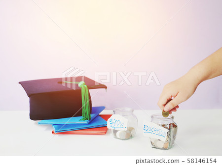 Saving  money. A hand putting money in bottle.The coins in the bottle for save money.Photo Education and  Saving  money. 58146154