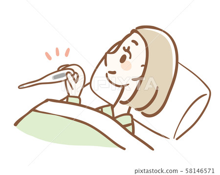 Illustration of a Woman Measuring Body Temperature in Bed Illustration of a Woman Measuring Body Temperature in Bed 58146571