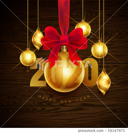 2020, Happy New Year, gold. Greeting card with text 2020 with christmas ball. Background, banner 58147971