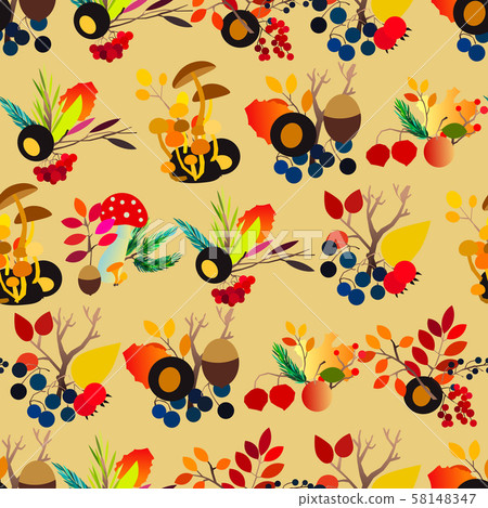 Autumn vector seamless pattern with berries, acorns, pine cone, mushrooms, branches and leaves. Autumn vector seamless pattern with berries, acorns, pine cone, mushrooms, branches and leaves. 58148347