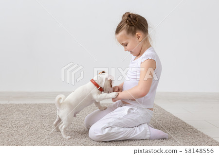 Pet, children and animal concept - child girl sitting on the floor and feeding puppy 58148556