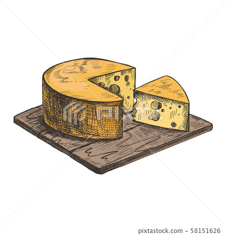 Cheese lies on a wooden cutting board. Vector retro illustration. Cheese lies on a wooden cutting board. Vector retro illustration. 58151626