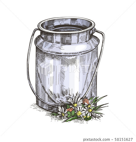 Vector image of milk can and wildflowers. Sketch style drawing. 58151627