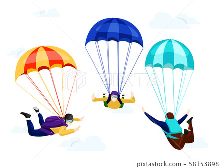 Flat vector set of professional skydivers. Flat vector set of professional skydivers. 58153898