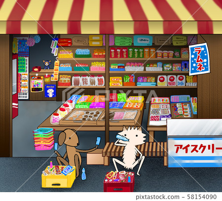 A cat who runs a candy shop and a friendly dog who eats snacks at the table of the case 58154090