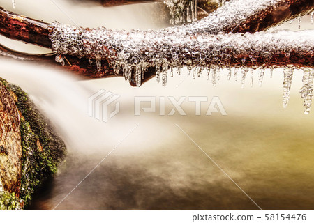 Frozen icicles hanging from log in stream Frozen icicles hanging from log in stream 58154476
