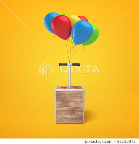 3d rendering of colorful balloons with tnt detonator box on yellow background 58156072