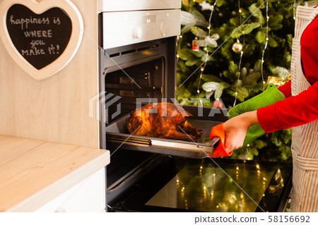 Housewife in apron cooking whole grilled chicken in the oven Housewife in apron cooking whole grilled chicken in the oven 58156692
