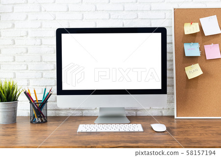 computer with blank white screen, with workspace computer with blank white screen, with workspace 58157194