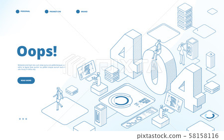 404 isometric page. Not working error, lost data or not found 404 problem, disconnection sign 58158116