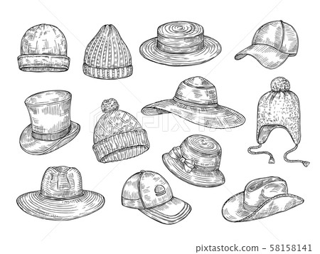 Sketch hats. Knitted winter and summer hats, hand drawn warm cap, doodle headdress accessories 58158141