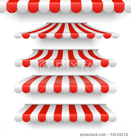 Vector outdoor awnings. Red and white stripes sunshades isolated on white background 58158218