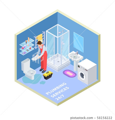 Plumbing service. Isometric bathroom. Vector plumber repairing toilet 58158222