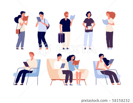 People read. Persons reading books sit on chair in bookstore book festival. Students studying in People read. Persons reading books sit on chair in bookstore book festival. Students studying in 58158232